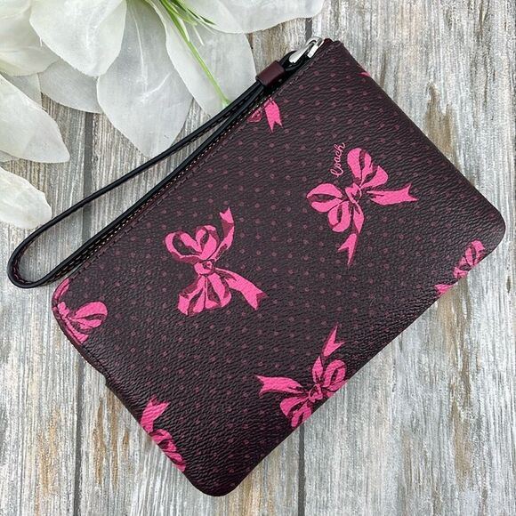 Coach Corner Zip Wristlet In Signature Canvas With Bow Print Bag Wallet Purse - Picture 5 of 7